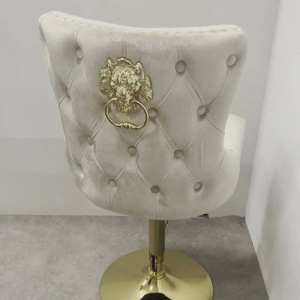 Valentino Cream Gold Lion Knocker Quilted Back Plush Velvet Gold Bar Stool