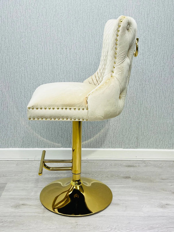 Valentino Cream Gold Lion Knocker Quilted Back Plush Velvet Gold Bar Stool