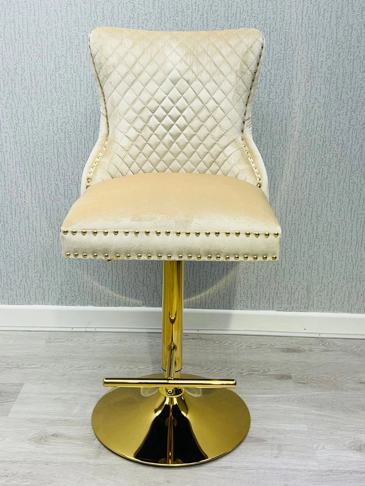 Valentino Cream Gold Lion Knocker Quilted Back Plush Velvet Gold Bar Stool