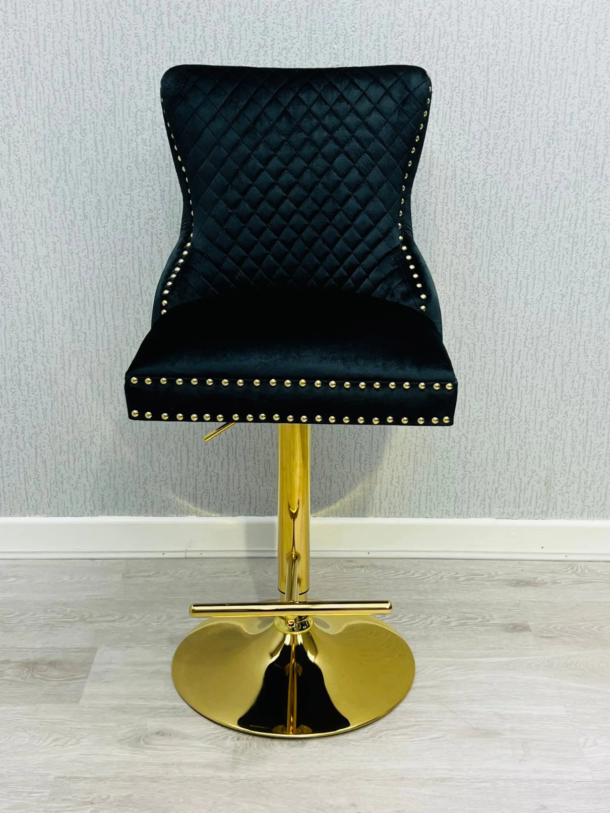 Valentino Black Gold Ring Knocker Quilted Back Plush Velvet Gold Bar Stool