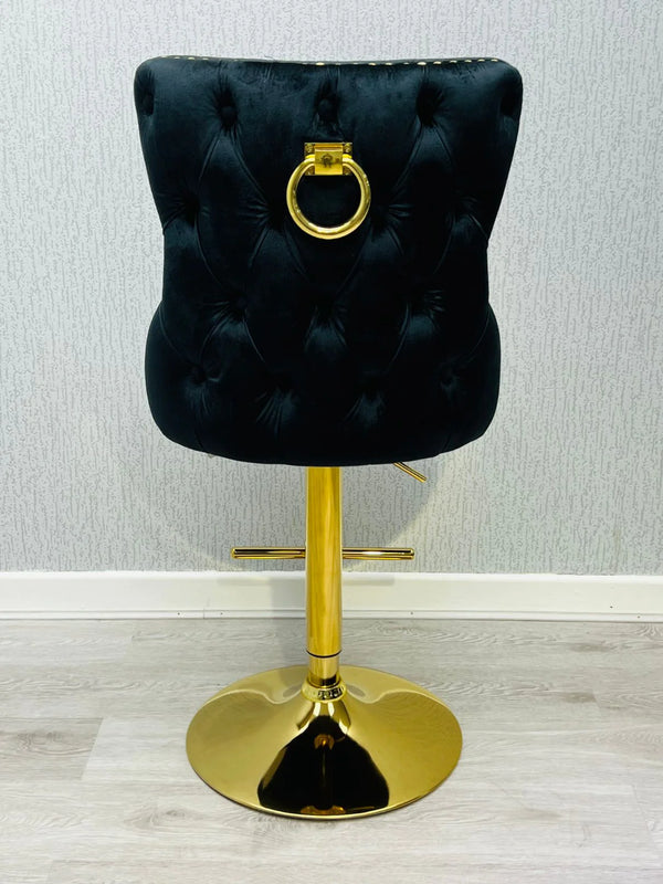 Valentino Black Gold Ring Knocker Quilted Back Plush Velvet Gold Bar Stool