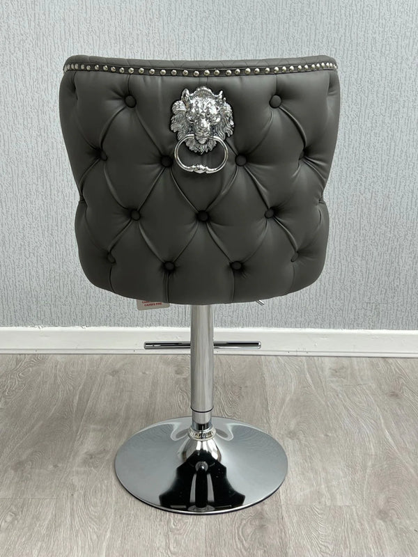 Valentino Grey PU Faux Leather Button Back Lion Knocker Barstool