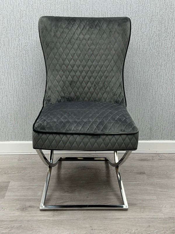 Belgravia Grey French Plush Velvet Button Back Dining Chair With Silver Legs