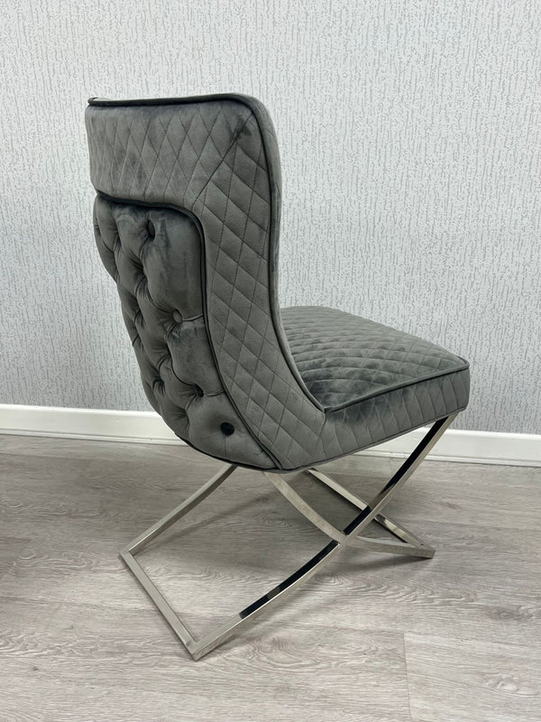 Belgravia Grey French Plush Velvet Button Back Dining Chair With Silver Legs