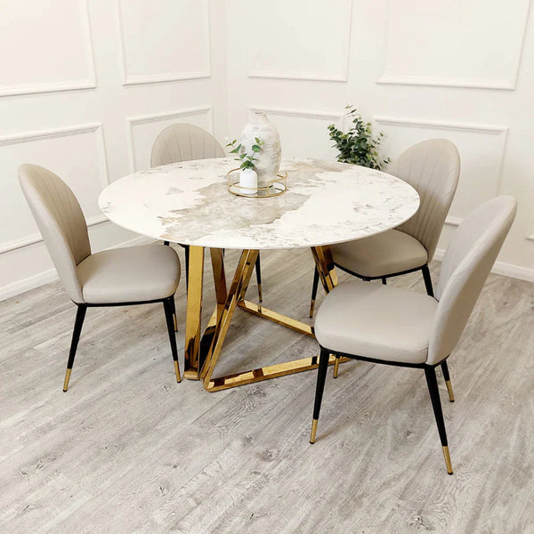 Nero 130cm Round Gold Dining Table with Pandora Gold Sintered Stone Top & Etta Beige PU Leather Dining Chair