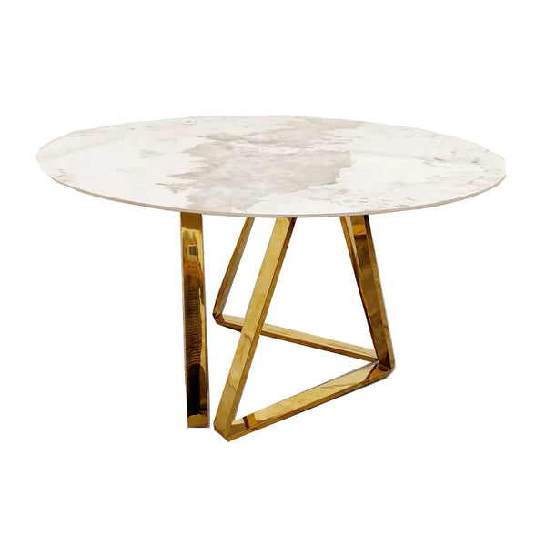 Nero 130cm Round Gold Dining Table with Pandora Gold Sintered Stone Top & Etta Beige PU Leather Dining Chair