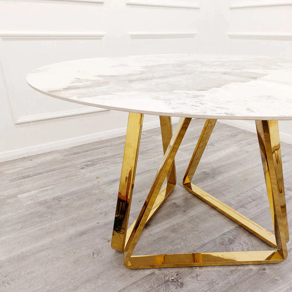 Nero 130cm Round Gold Dining Table with Pandora Gold Sintered Stone Top & Etta Beige PU Leather Dining Chair