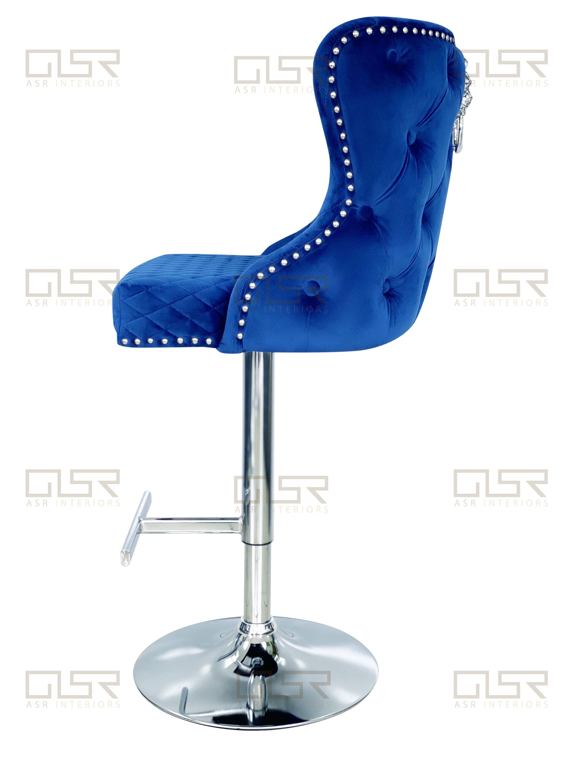 Valentino Navy Quilted French Velvet Chrome Leg Bar Stool