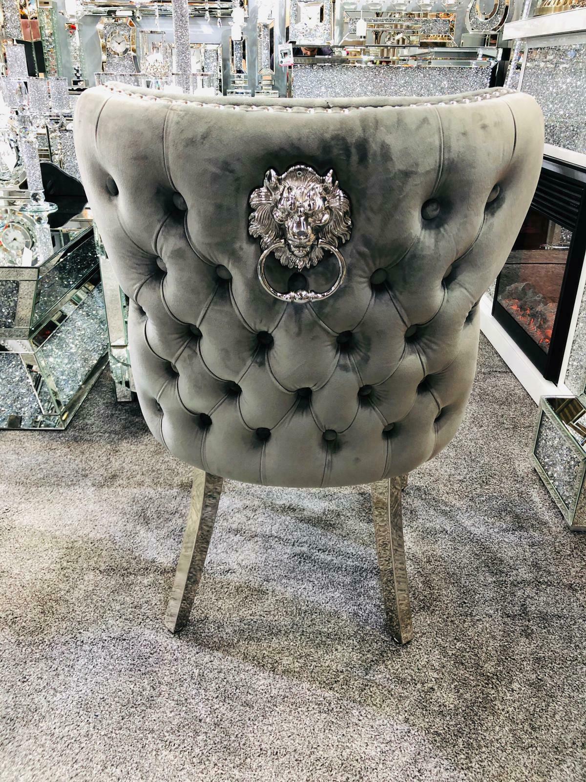 Valentino Silver Grey Quilted Velvet Chrome Leg Lion Knockerback Dining Chair - AR Furnishings - Specialists In Bringing Luxury Into Your Home.