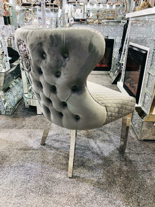 Valentino Silver Grey Quilted Velvet Chrome Leg Lion Knockerback Dining Chair - AR Furnishings - Specialists In Bringing Luxury Into Your Home.