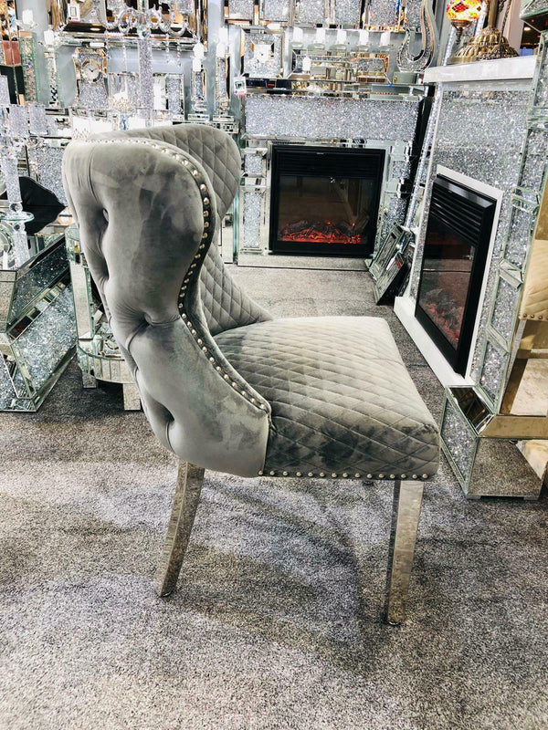 Valentino Silver Grey Quilted Velvet Chrome Leg Lion Knockerback Dining Chair - AR Furnishings - Specialists In Bringing Luxury Into Your Home.