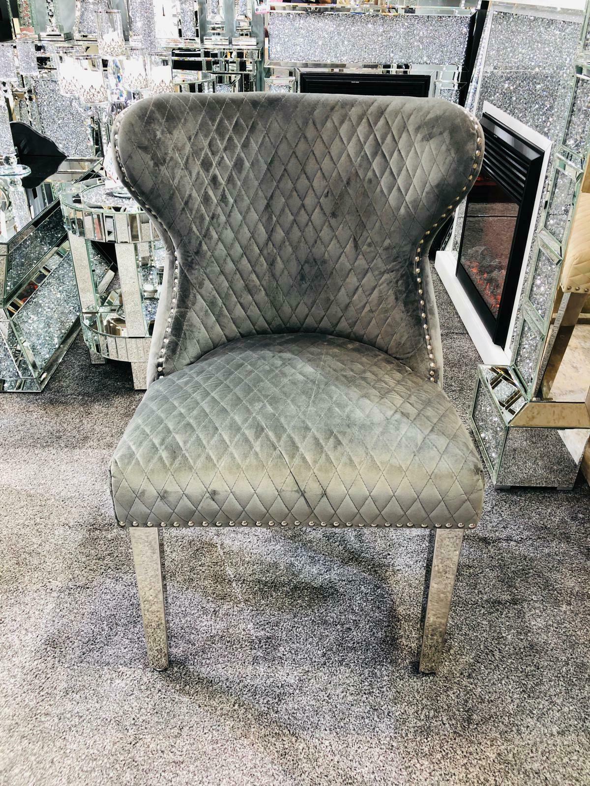 Valentino Silver Grey Quilted Velvet Chrome Leg Lion Knockerback Dining Chair - AR Furnishings - Specialists In Bringing Luxury Into Your Home.