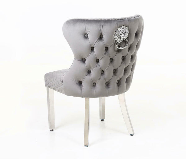 Valentino Silver Grey Quilted Velvet Chrome Leg Lion Knockerback Dining Chair - AR Furnishings - Specialists In Bringing Luxury Into Your Home.