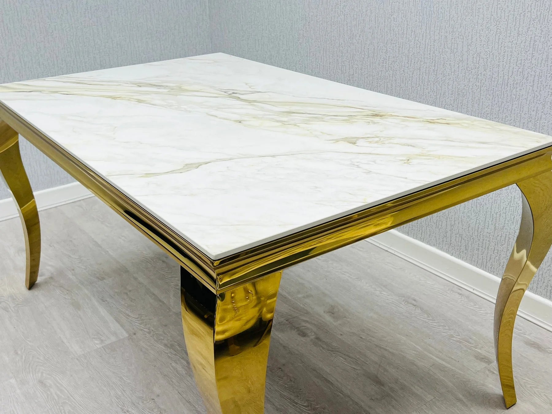 Louis Gold Cream Marble Dining Table With Shimmer Gold Lion Knocker Dining Chairs