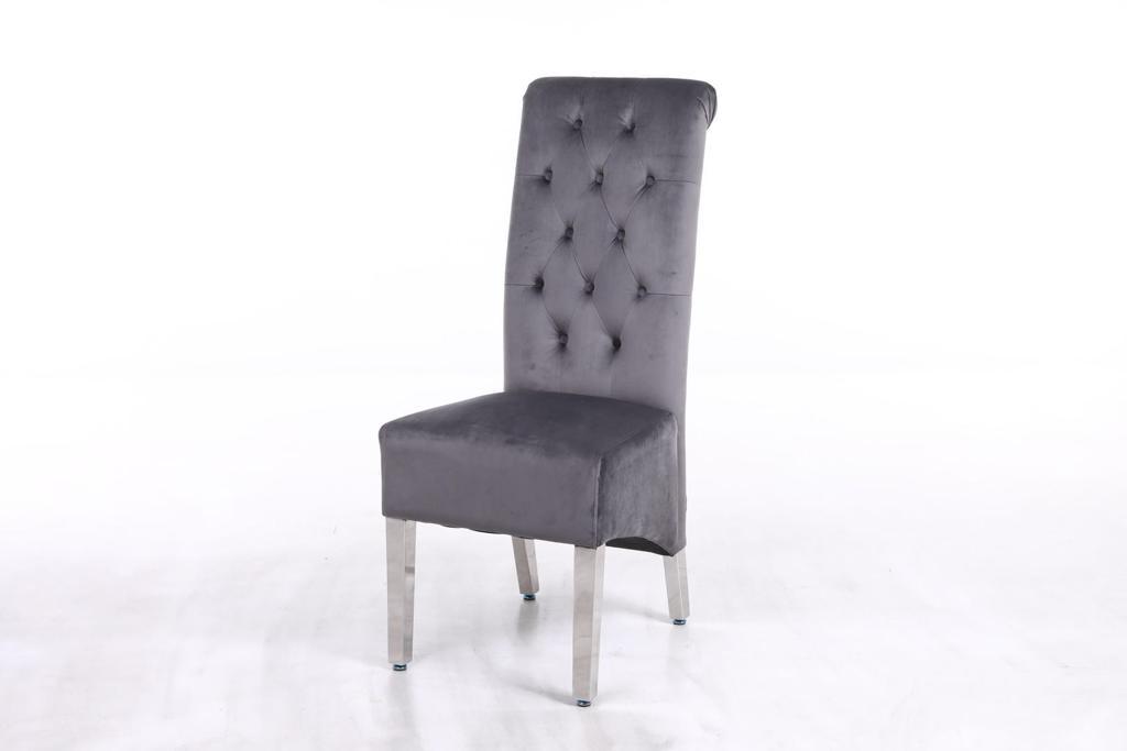 Sophia Grey French Velvet Lion Knocker Dining Chair With Chrome Legs - AR Furnishings