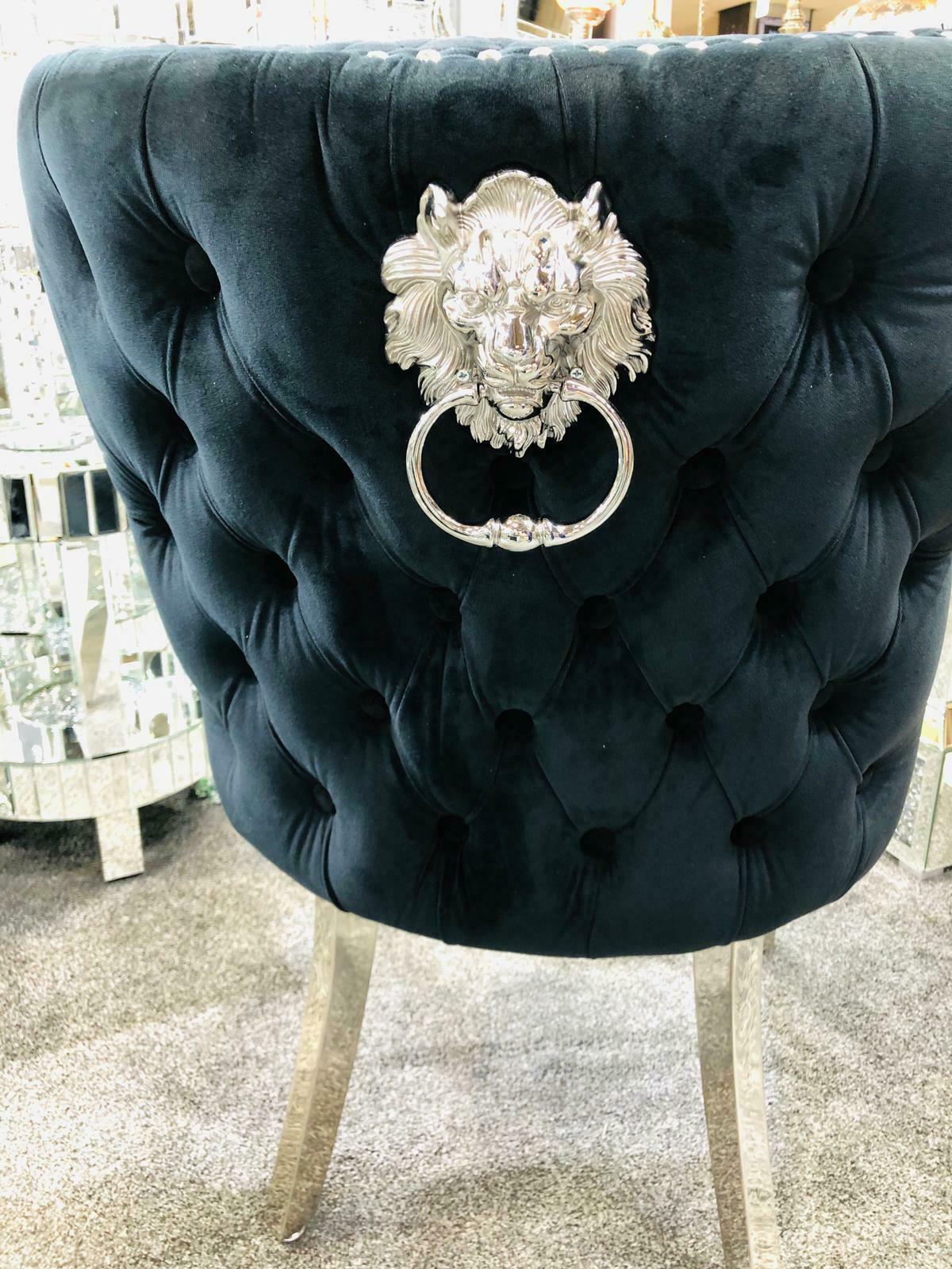 Valentino Quilted Velvet Chrome Leg Lion Knockerback Dining Chair - Black - AR Furnishings - Specialists In Bringing Luxury Into Your Home.