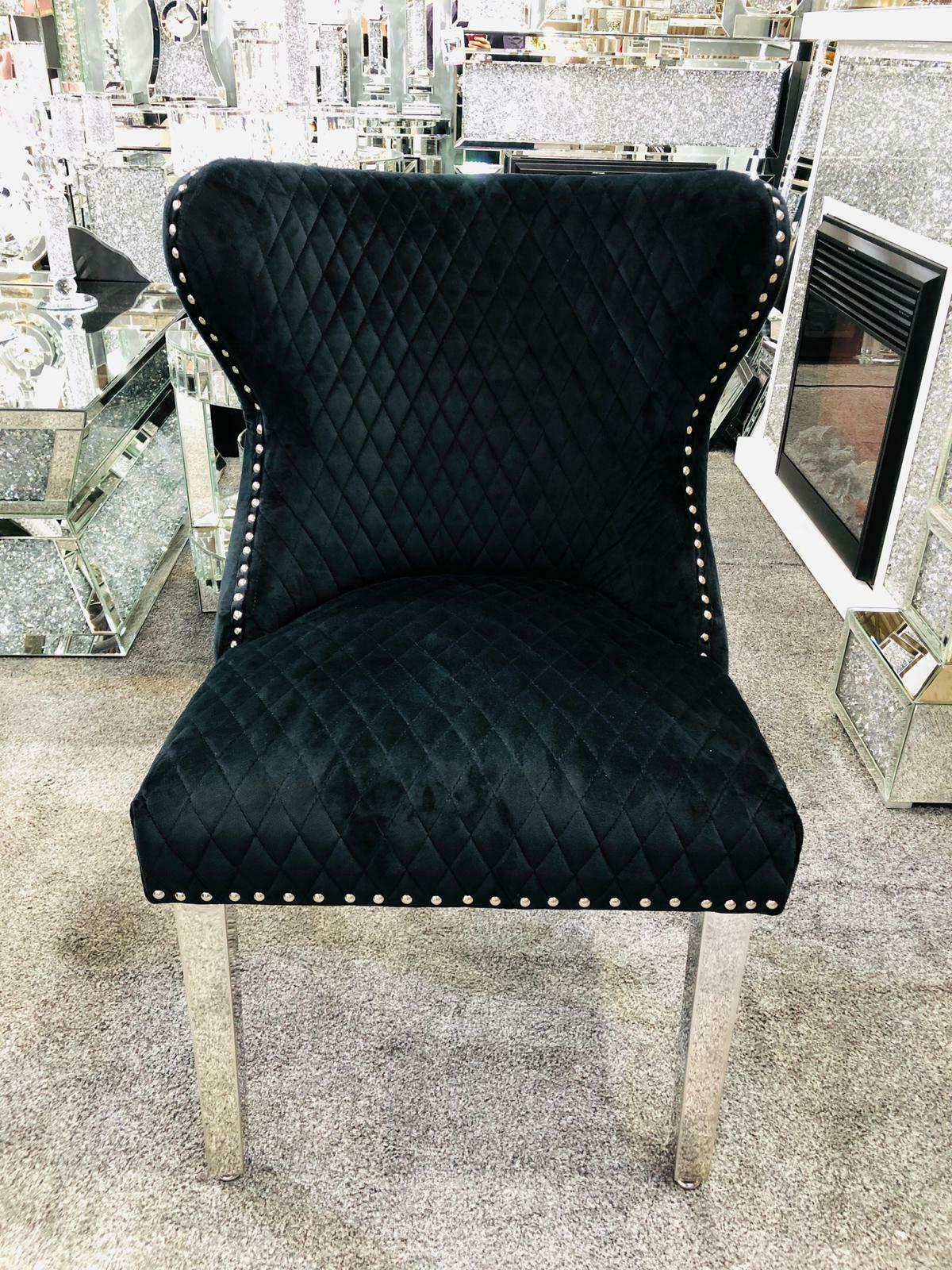 Valentino Quilted Velvet Chrome Leg Lion Knockerback Dining Chair - Black - AR Furnishings - Specialists In Bringing Luxury Into Your Home.