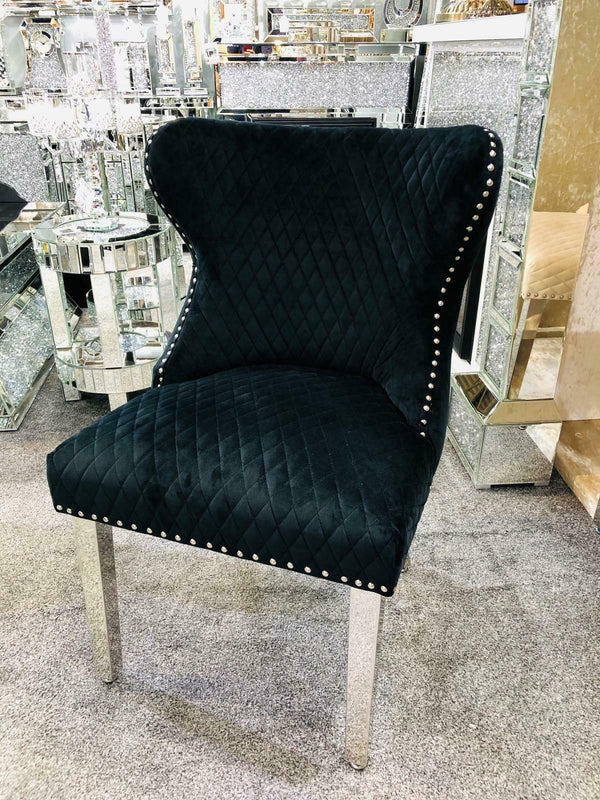 Valentino Quilted Velvet Chrome Leg Lion Knockerback Dining Chair - Black - AR Furnishings - Specialists In Bringing Luxury Into Your Home.