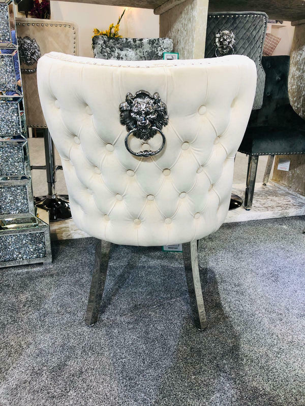 Valentino Quilted Velvet Chrome Leg Lion Knockerback Dining Chair - Mink - AR Furnishings - Specialists In Bringing Luxury Into Your Home.