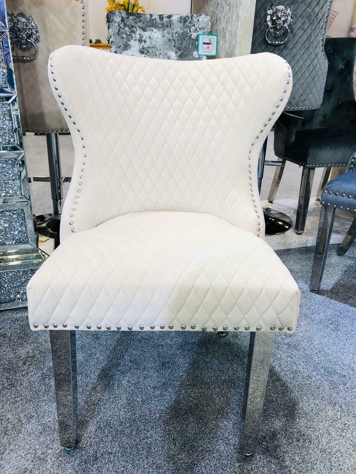 Valentino Quilted Velvet Chrome Leg Lion Knockerback Dining Chair - Mink - AR Furnishings - Specialists In Bringing Luxury Into Your Home.