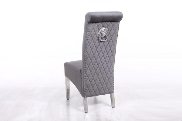 Sophia Grey French Velvet Lion Knocker Dining Chair With Chrome Legs - AR Furnishings