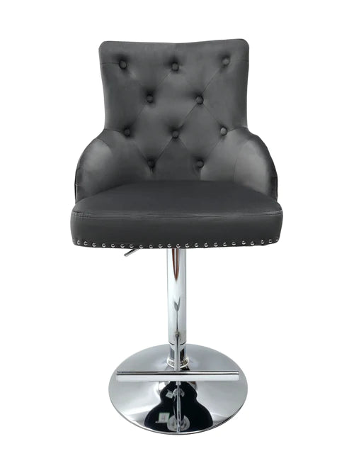 Majestic Grey Quilted Velvet Chrome Leg Lion Knocker back Bar Stool - AR Furnishings