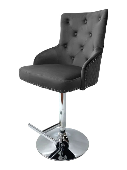 Majestic Grey Quilted Velvet Chrome Leg Lion Knocker back Bar Stool - AR Furnishings