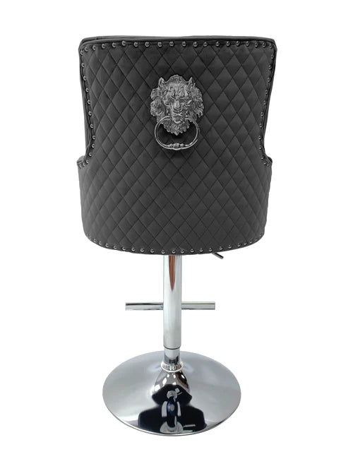 Majestic Grey Quilted Velvet Chrome Leg Lion Knocker back Bar Stool - AR Furnishings