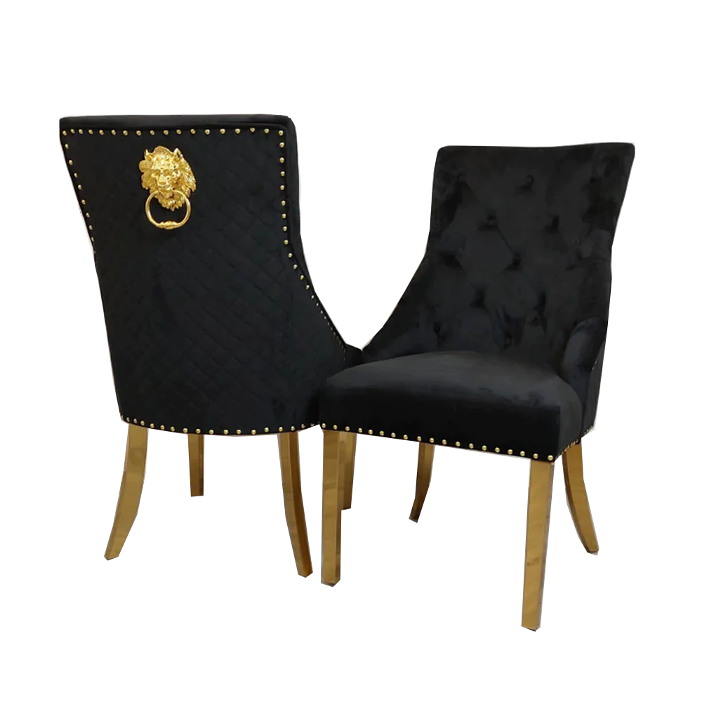 Lucien 180cm Gold Dining Table with Pandora Gold Sintered Stone Top & Gold Lion Knocker Dining Chairs