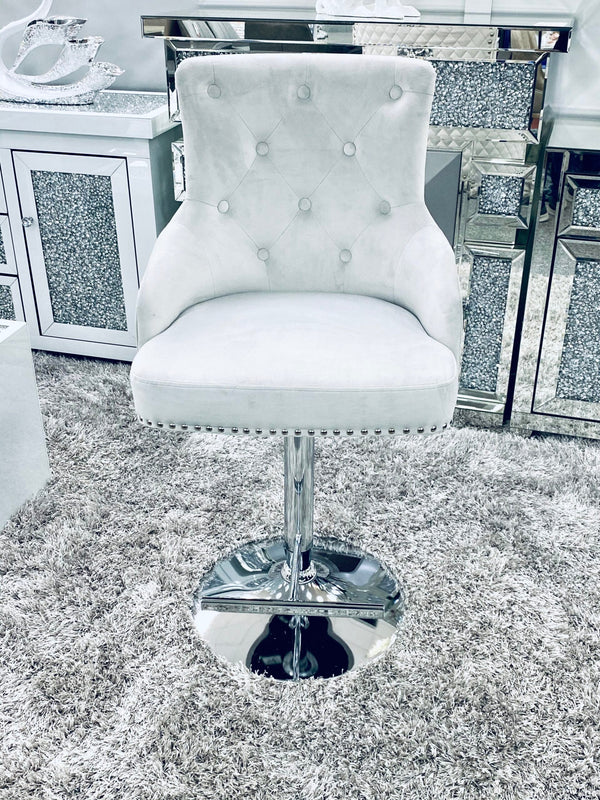 Majestic Light Silver Quilted Velvet Chrome Leg Lion Knocker back Bar Stool - AR Furnishings