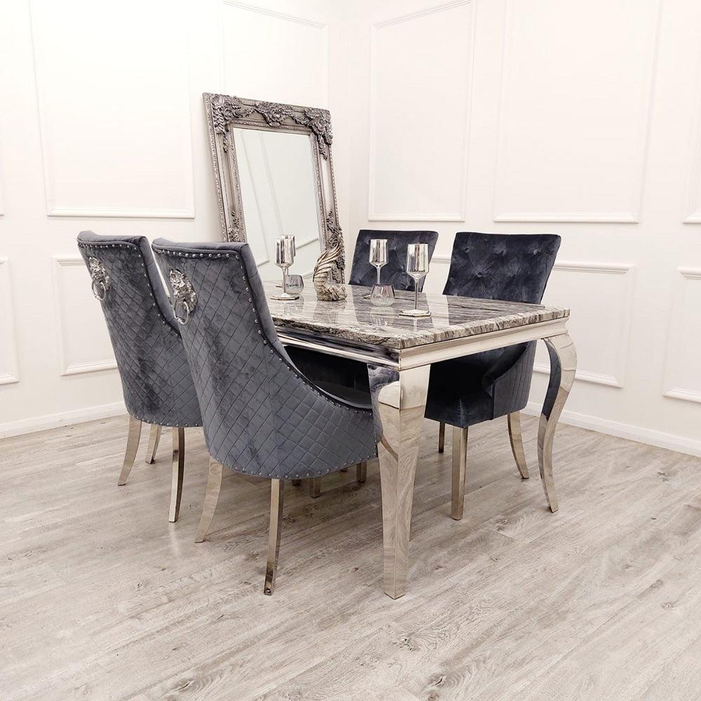 Louis 150cm Grey Marble Dining Table & Bentley Lion Knocker Shimmer Grey Lion Plush Velvet Chairs