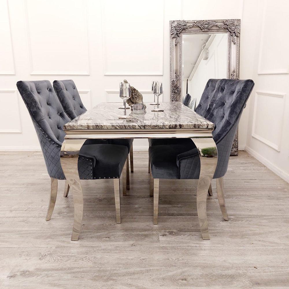 Louis 150cm Grey Marble Dining Table & Bentley Lion Knocker Shimmer Grey Lion Plush Velvet Chairs