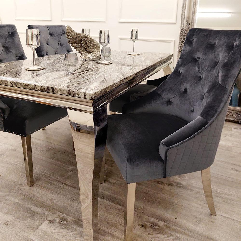 Louis 150cm Grey Marble Dining Table & Bentley Lion Knocker Shimmer Grey Lion Plush Velvet Chairs