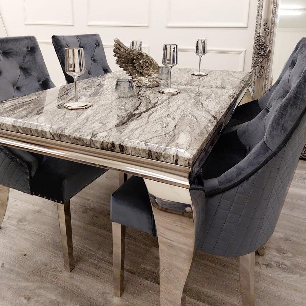 Louis 150cm Grey Marble Dining Table & Bentley Lion Knocker Shimmer Grey Lion Plush Velvet Chairs