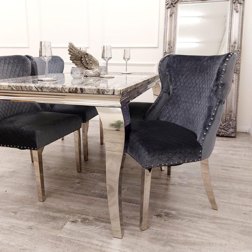 Louis 150cm Grey Marble Dining Table + Chelsea Grey Button Lion Knocker Plush Velvet Chairs