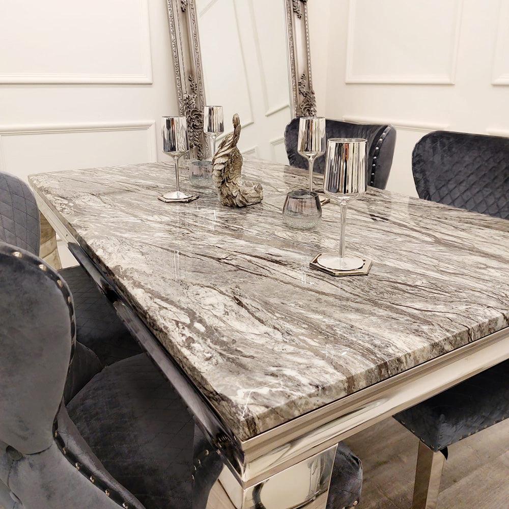 Louis 150cm Grey Marble Dining Table + Chelsea Grey Button Lion Knocker Plush Velvet Chairs