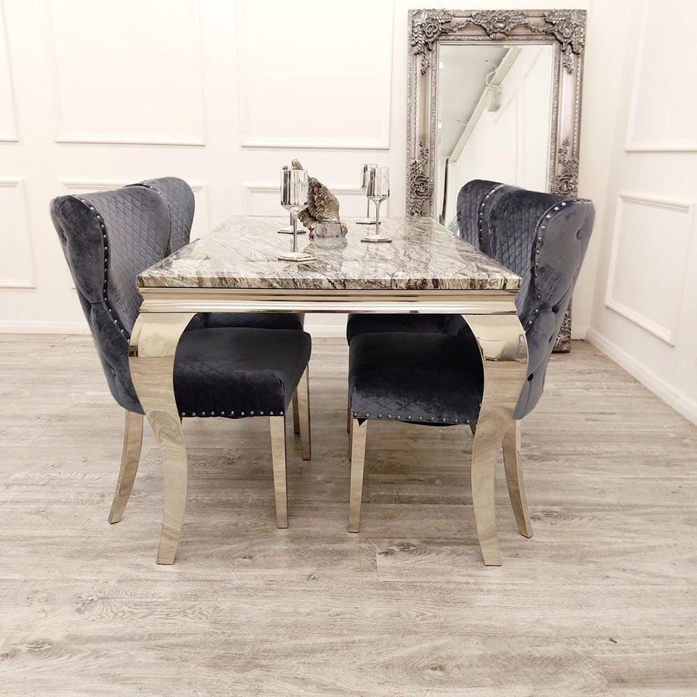 Louis 150cm Grey Marble Dining Table + Chelsea Grey Button Lion Knocker Plush Velvet Chairs