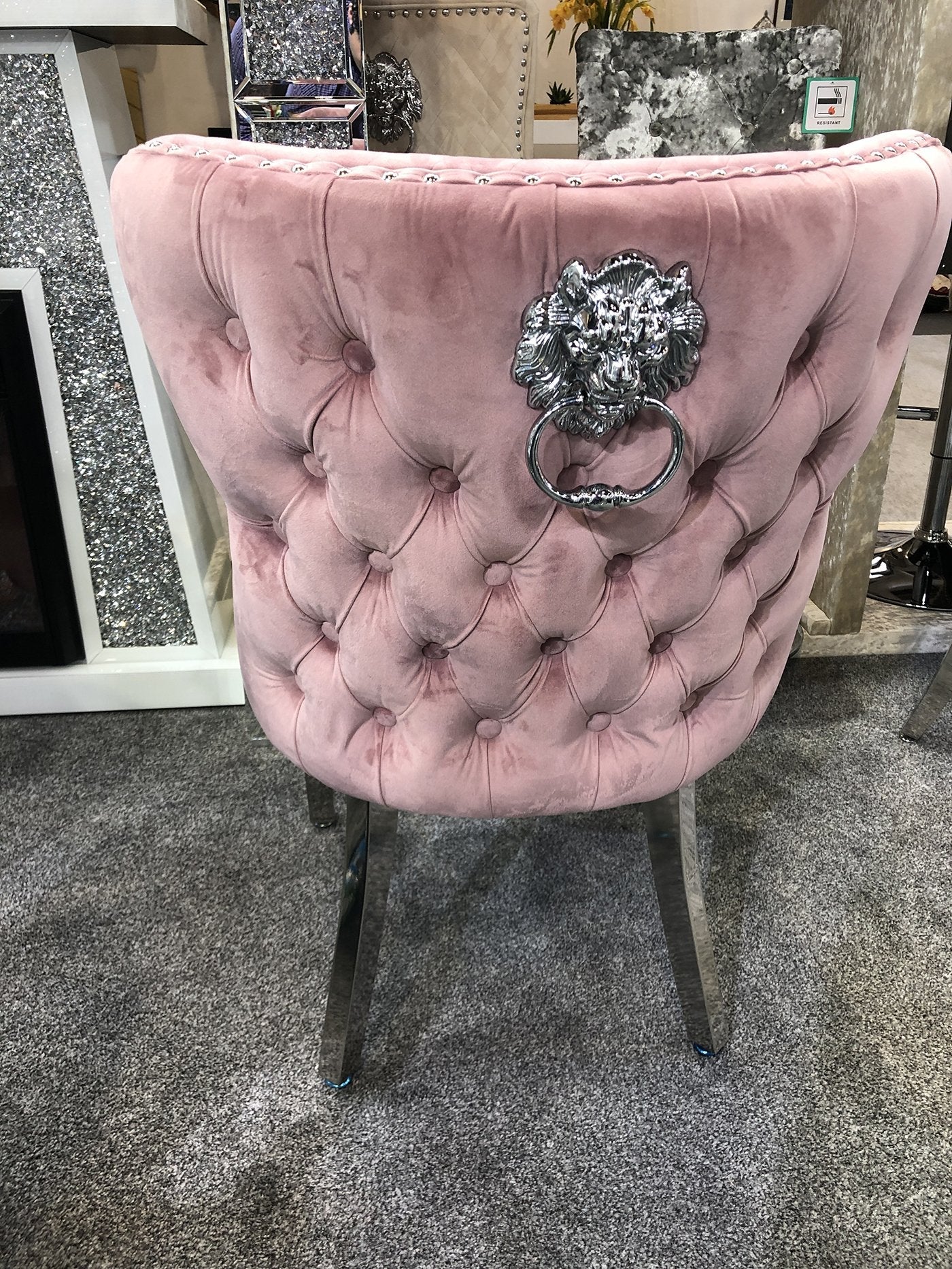 Valentino Pink Quilted French Velvet Chrome Leg Lion Knockerback Dining Chair - AR Furnishings - Specialists In Bringing Luxury Into Your Home.