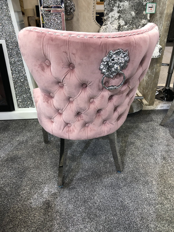 Valentino Pink Quilted French Velvet Chrome Leg Lion Knockerback Dining Chair - AR Furnishings - Specialists In Bringing Luxury Into Your Home.