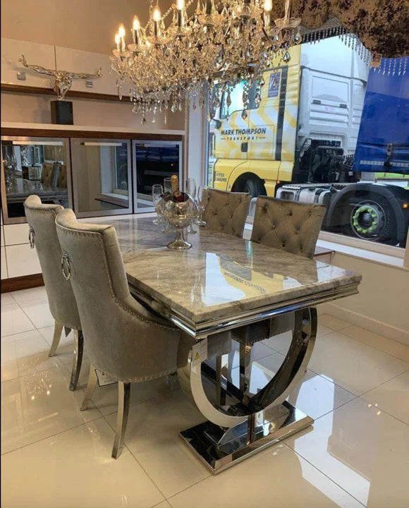 Arianna Grey Marble 150CM Dining Table & Knightsbridge Plush Velvet Dining Chairs