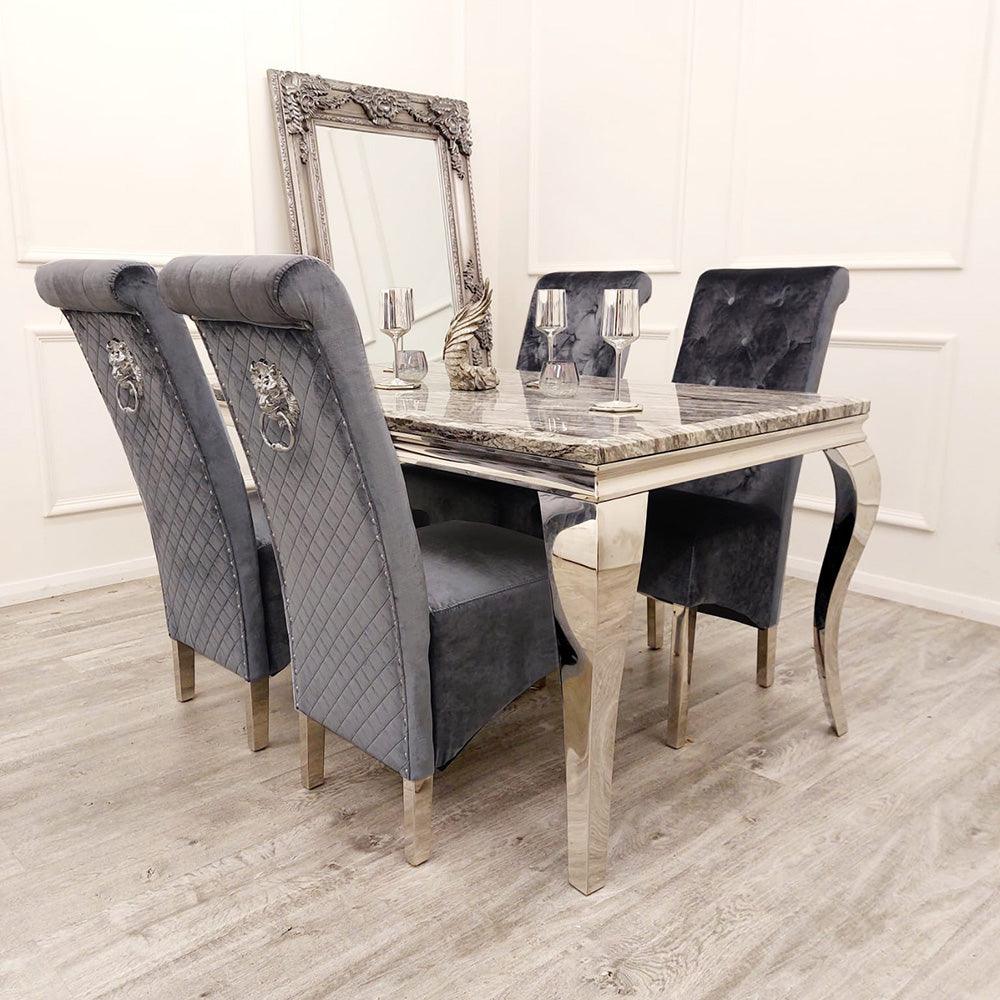 Louis 150cm Grey Marble Dining Table + Lucy Grey Lion Slim Knocker Plush Velvet Chairs