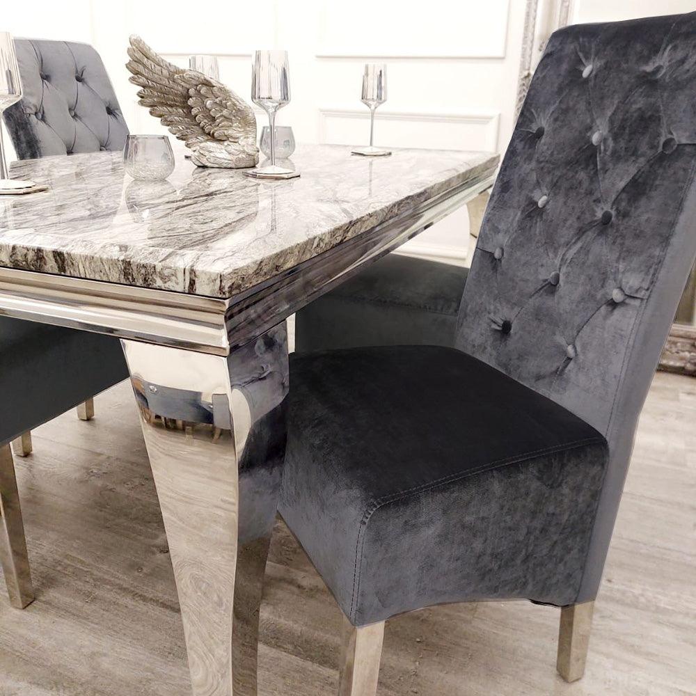 Louis 150cm Grey Marble Dining Table + Lucy Grey Lion Slim Knocker Plush Velvet Chairs