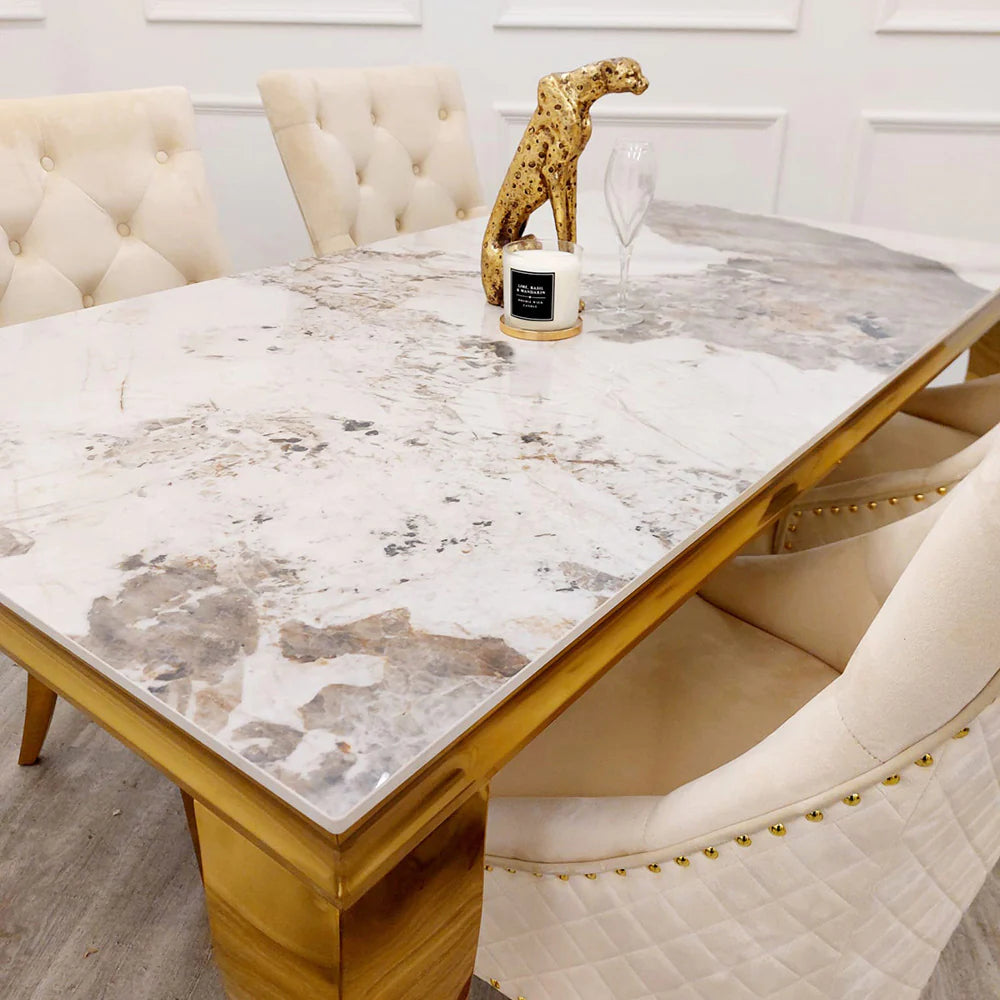 Louis Gold Pandora Gold Sintered Stone Dining Table With Gold Lion Knocker Dining Chairs