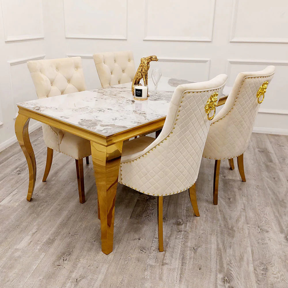 Louis Gold Pandora Gold Sintered Stone Dining Table With Gold Lion Knocker Dining Chairs