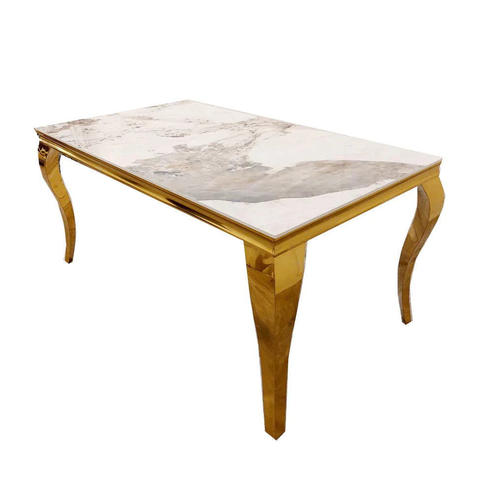 Louis Gold Pandora Gold Sintered Stone Dining Table With Gold Lion Knocker Dining Chairs