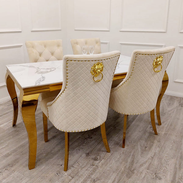 Louis Gold & White Marble Dining Table With Cream & Gold Lion Knocker Dining Chairs