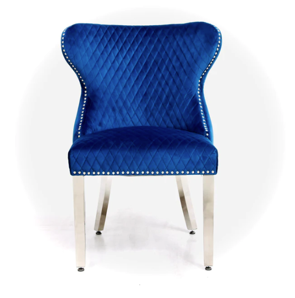 Valentino Navy Quilted French Velvet Chrome Leg Lion Knockerback Dining Chair