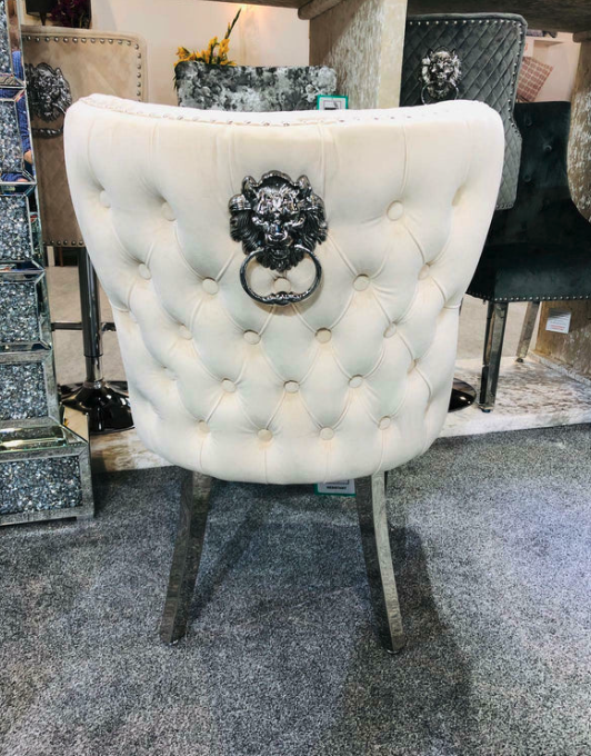 Valentino Mink Quilted French Velvet Chrome Leg Lion Knockerback Dining Chair