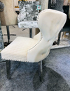 Valentino Mink Quilted French Velvet Chrome Leg Lion Knockerback Dining Chair