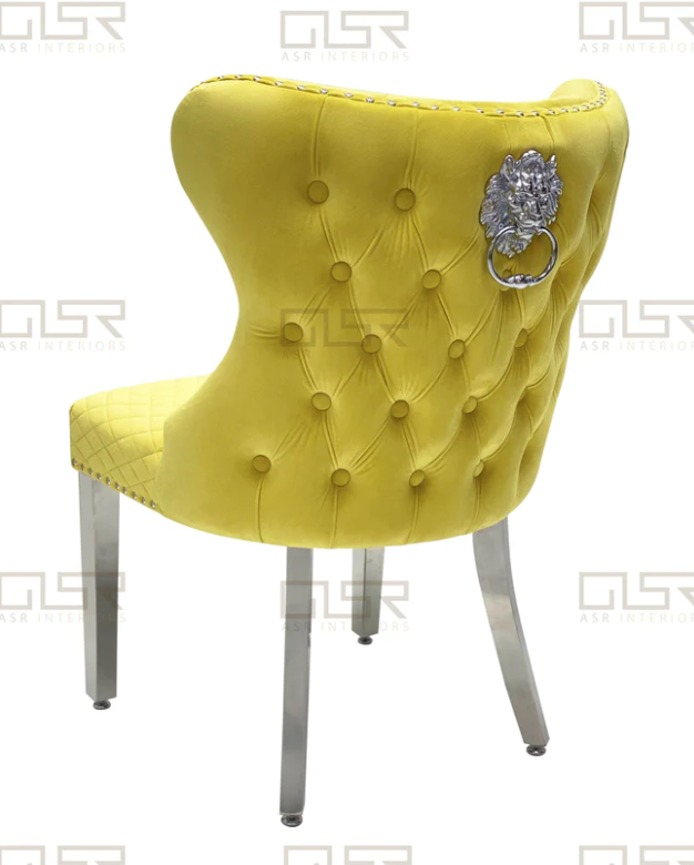 Valentino Mustard Quilted French Velvet Chrome Leg Lion Knockerback Dining Chair